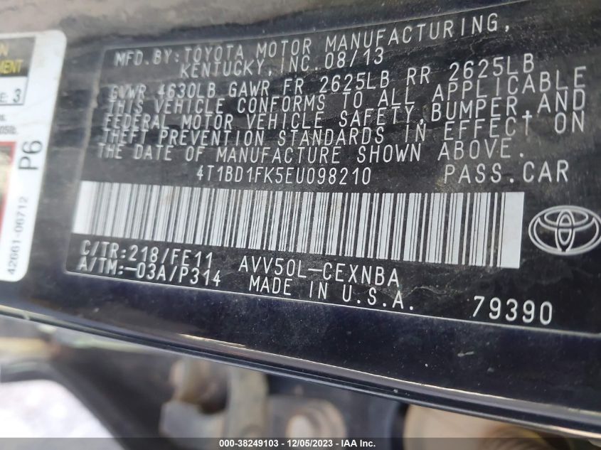 2014 TOYOTA CAMRY HYBRID LE - 4T1BD1FK5EU098210