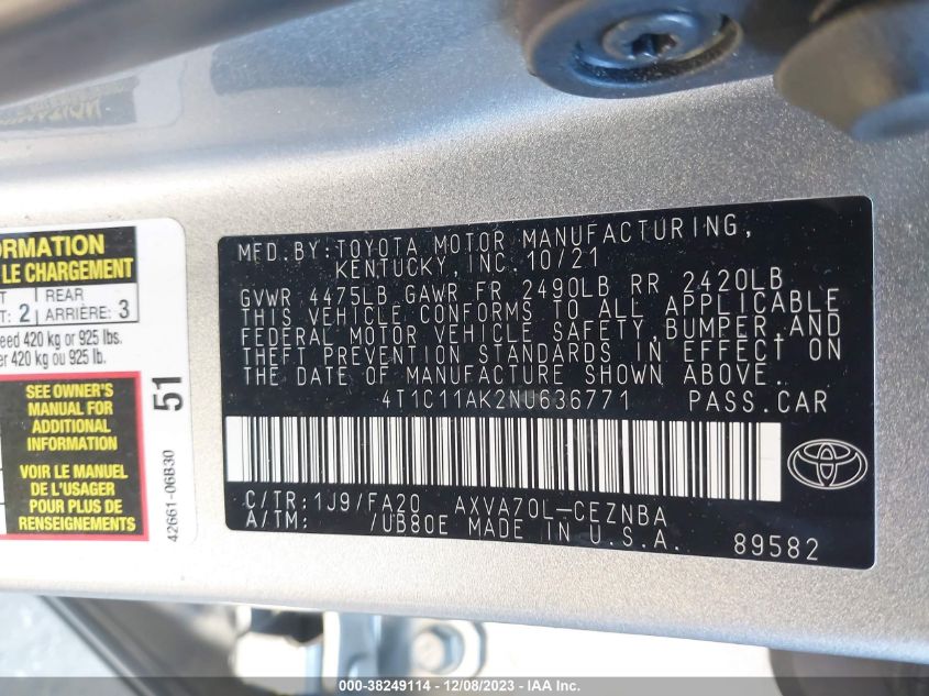 2022 TOYOTA CAMRY LE - 4T1C11AK2NU636771