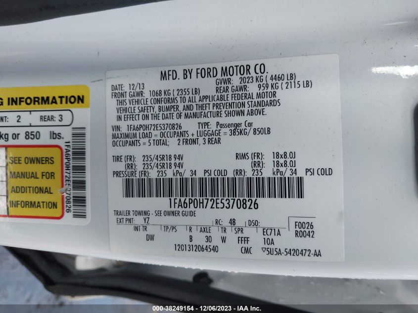 2014 FORD FUSION SE - 1FA6P0H72E5370826