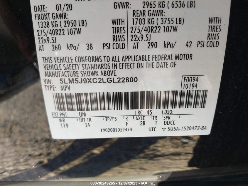 VIN 5LM5J9XC2LGL22800 2020 LINCOLN AVIATOR BLACK LABEL