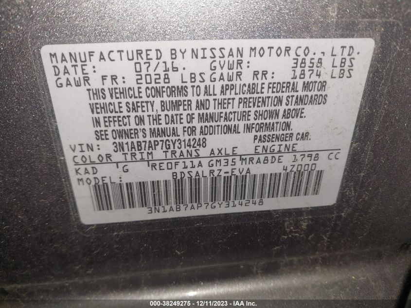 2016 NISSAN SENTRA S/SV/SR/SL - 3N1AB7AP7GY314248
