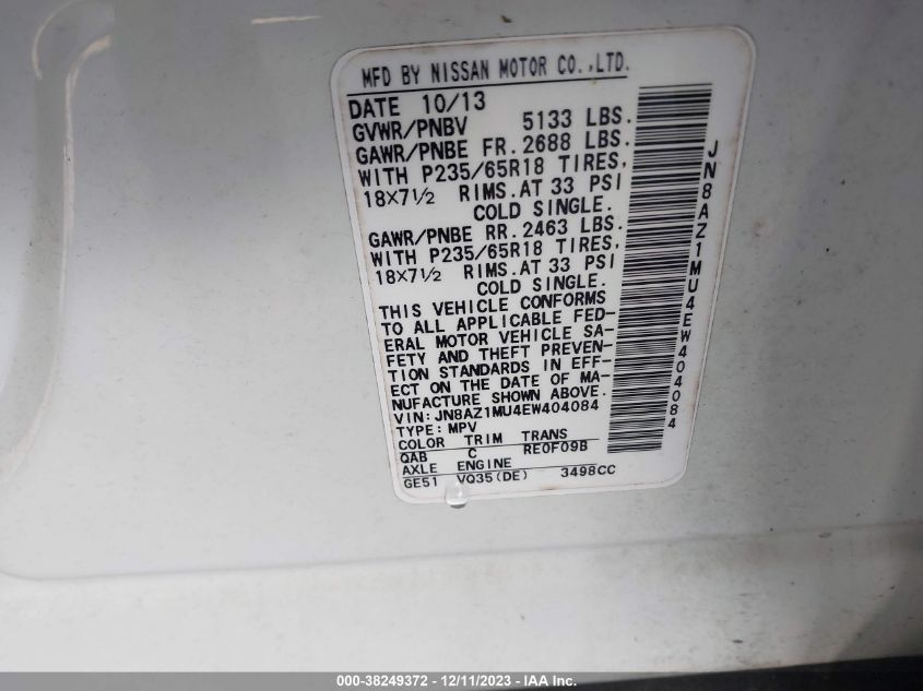 2014 NISSAN MURANO S/SL/SV/LE - JN8AZ1MU4EW404084