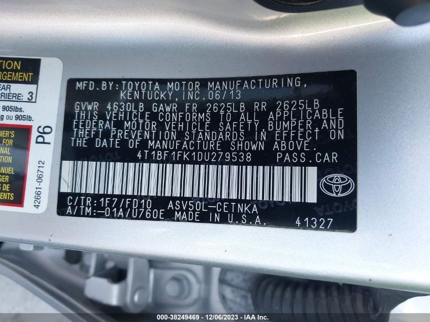 2013 TOYOTA CAMRY L/SE/LE/XLE - 4T1BF1FK1DU279538