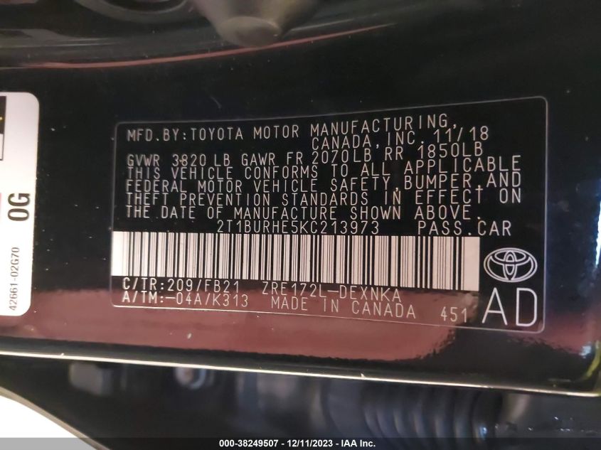 2019 TOYOTA COROLLA L/LE/XLE/SE/XSE - 2T1BURHE5KC213973