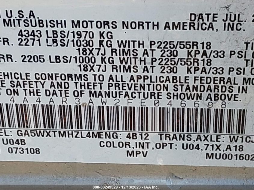 2015 MITSUBISHI OUTLANDER SPORT ES - 4A4AR3AW2FE046688