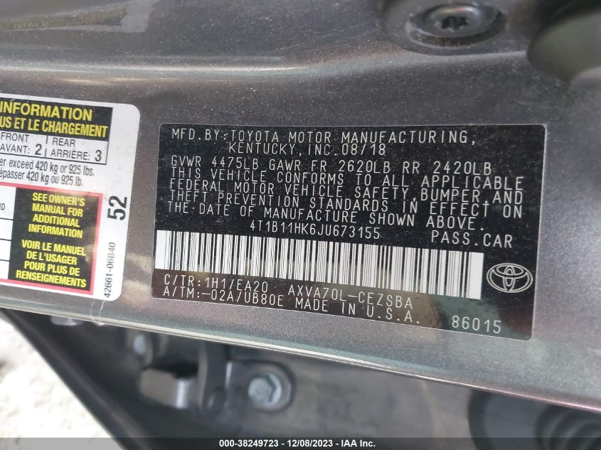 2018 TOYOTA CAMRY SE - 4T1B11HK6JU673155