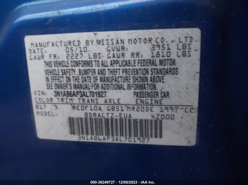 3N1AB6AP3AL701927 | 2010 NISSAN SENTRA