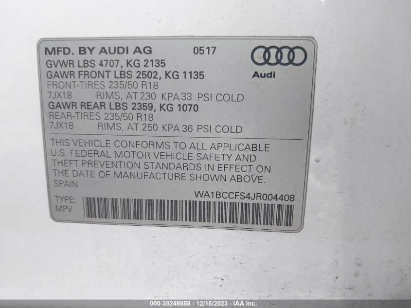 2018 AUDI Q3 2.0T PREMIUM - WA1BCCFS4JR004408