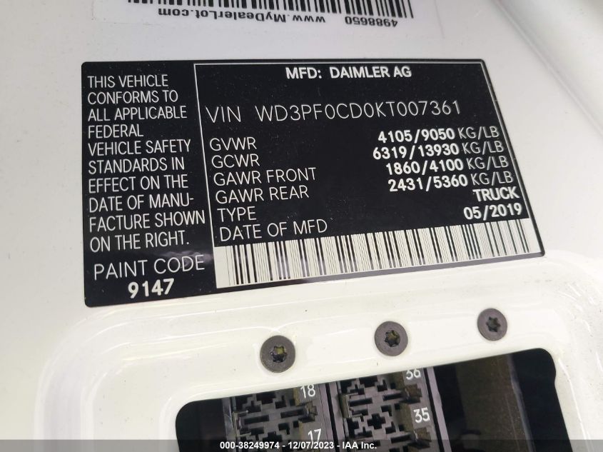 2019 MERCEDES-BENZ SPRINTER CARGO VAN WD3PF0CD0KT007361