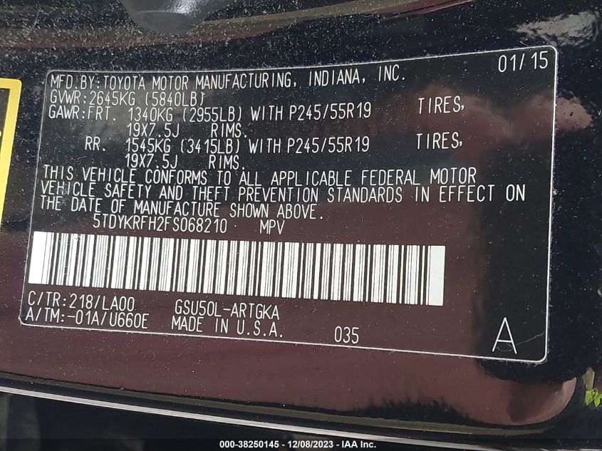 2015 TOYOTA HIGHLANDER LIMITED/LTD PLATINUM - 5TDYKRFH2FS068210
