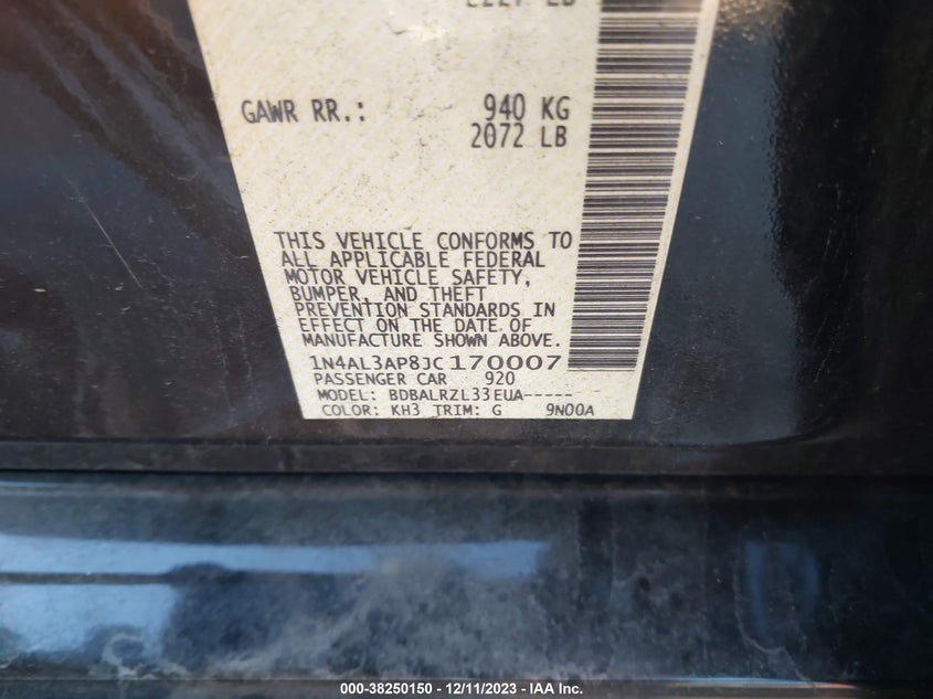 VIN 1N4AL3AP8JC170007 2018 NISSAN ALTIMA 2.5 SL