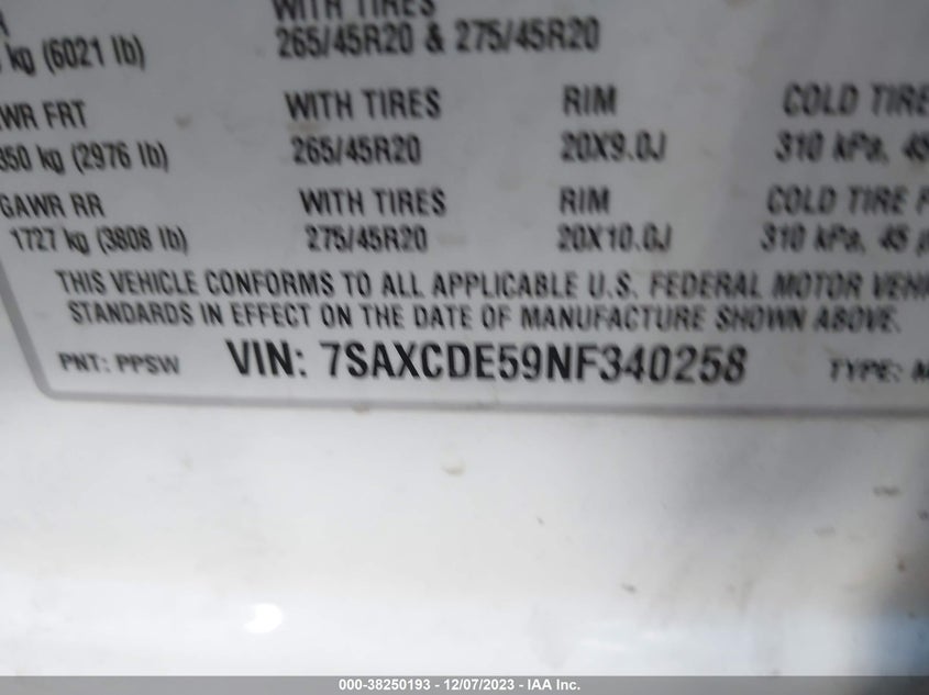 VIN 7SAXCDE59NF340258 2022 TESLA MODEL X