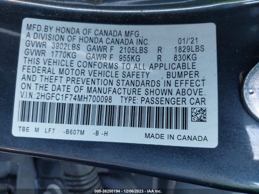 2021 HONDA CIVIC EXL - 2HGFC1F74MH700098