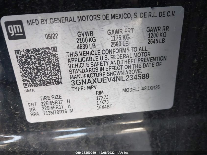 2022 CHEVROLET EQUINOX AWD LT - 3GNAXUEV4NL234588