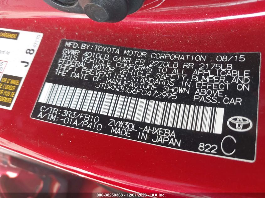 2015 TOYOTA PRIUS - JTDKN3DU6F0472995