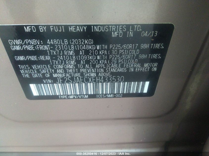 2014 SUBARU FORESTER 2.5I PREMIUM - JF2SJAECXEH433530