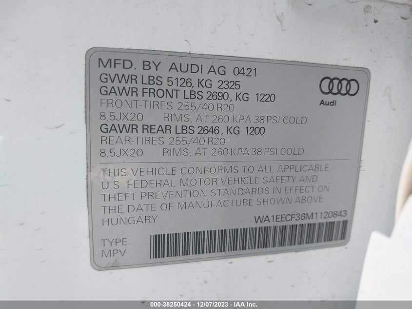 VIN WA1EECF36M1120843 2021 AUDI Q3 PREMIUM PLUS S LINE 45