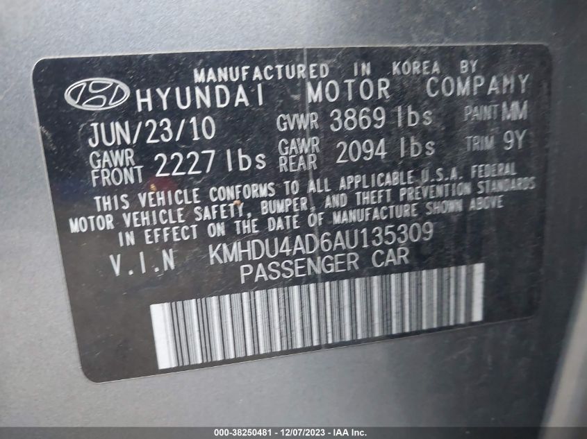 KMHDU4AD6AU135309 | 2010 HYUNDAI ELANTRA