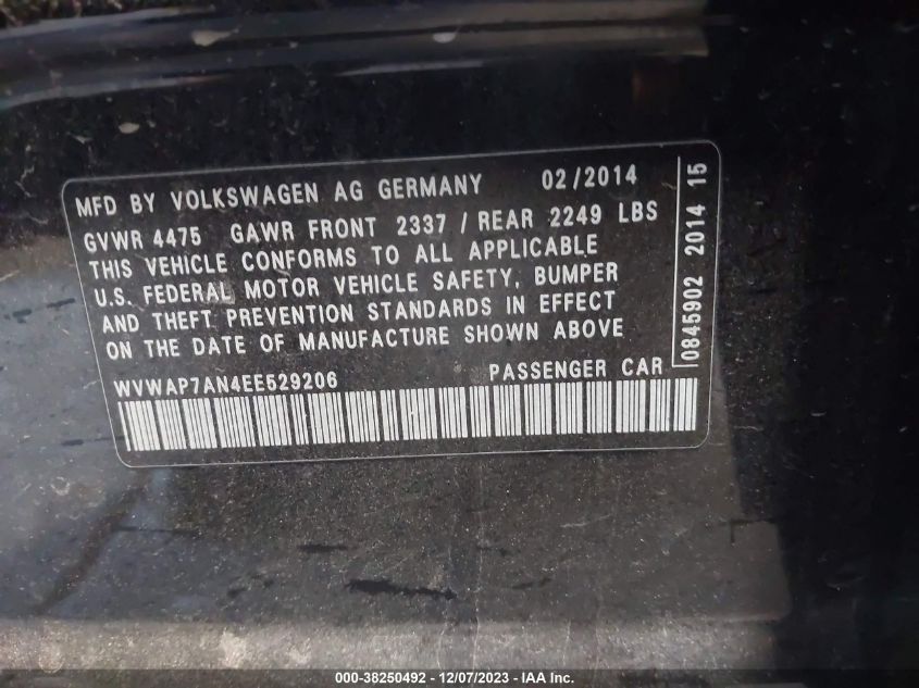 2014 VOLKSWAGEN CC SPORT - WVWAP7AN4EE529206