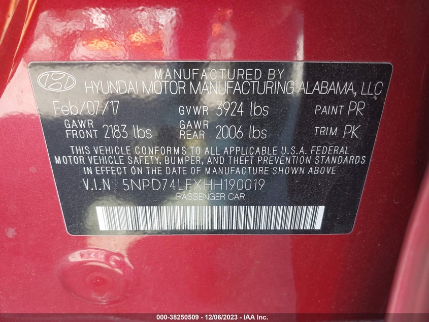 VIN 5NPD74LFXHH190019 2017 HYUNDAI ELANTRA SE