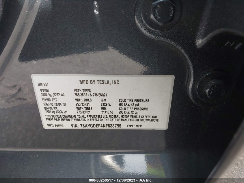 VIN 7SAYGDEF4NF538795 2022 TESLA MODEL Y