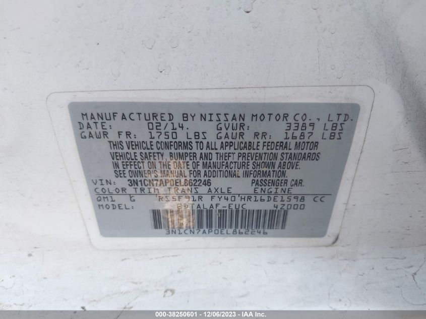 2014 NISSAN VERSA 1.6 S - 3N1CN7AP0EL862246