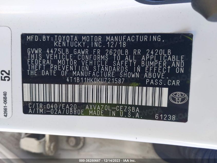 2019 TOYOTA CAMRY SE - 4T1B11HK0KU721587