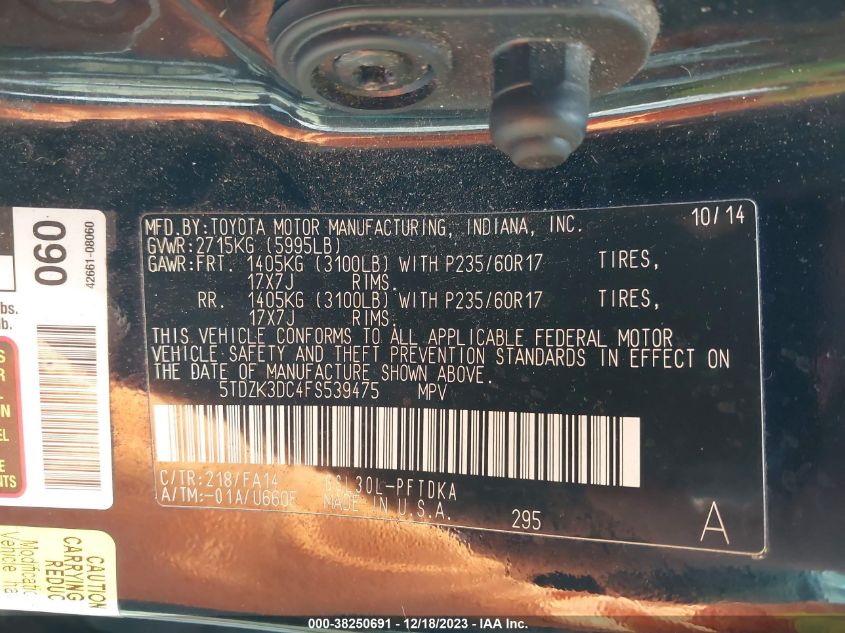 2015 TOYOTA SIENNA L 7 PASSENGER - 5TDZK3DC4FS539475