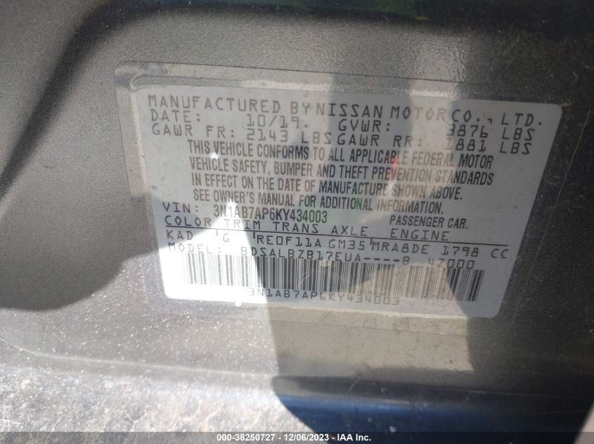 2019 NISSAN SENTRA S - 3N1AB7AP6KY434003