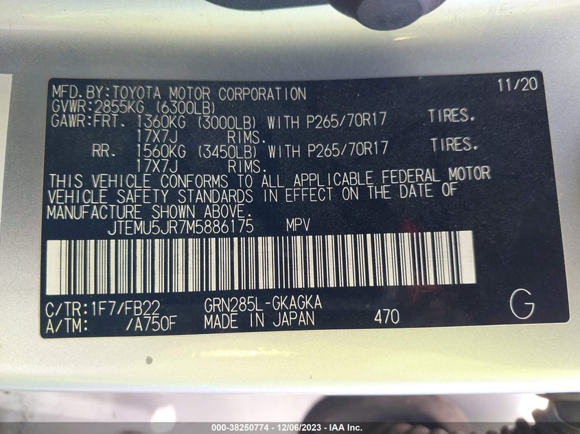 VIN JTEMU5JR7M5886175 2021 TOYOTA 4RUNNER SR5