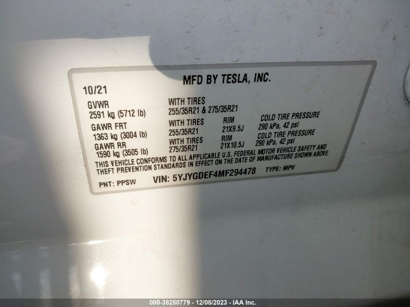 2021 TESLA MODEL Y PERFORMANCE DUAL MOTOR ALL-WHEEL DRIVE - 5YJYGDEF4MF294478
