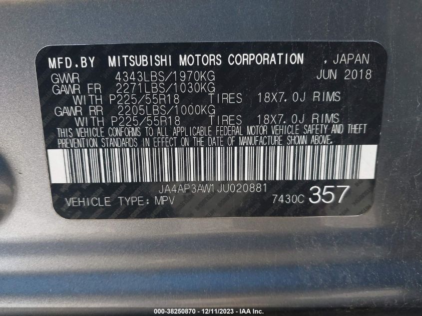 2018 MITSUBISHI OUTLANDER SPORT 2.4 SE - JA4AP3AW1JU020881