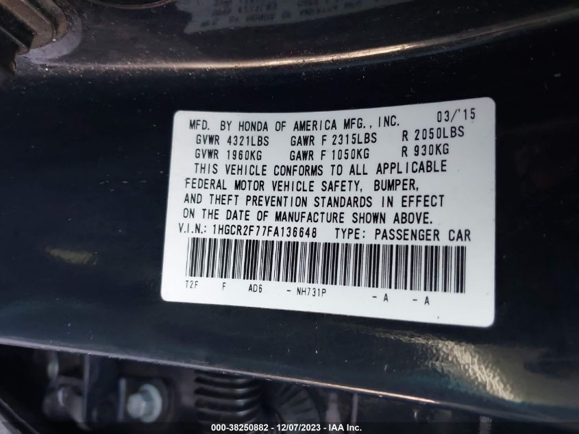 2015 HONDA ACCORD EX - 1HGCR2F77FA136648