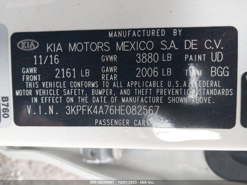 3KPFK4A76HE082567 | 2017 KIA FORTE