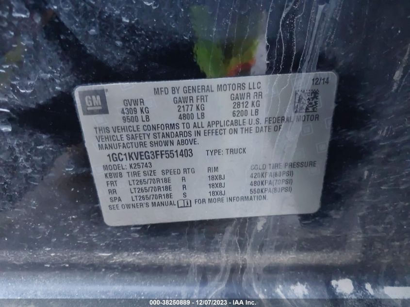2015 CHEVROLET SILVERADO 2500HD LT - 1GC1KVEG3FF551403