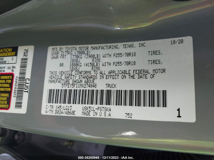 2021 TOYOTA TUNDRA CREWMAX SR5 - 5TFEY5F11MX274848