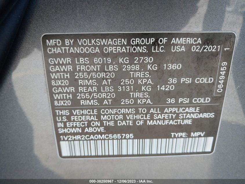 2021 VOLKSWAGEN ATLAS SE - 1V2HR2CA0MC565795
