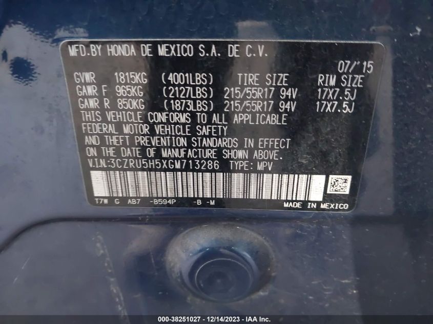 2016 HONDA HR-V EX - 3CZRU5H5XGM713286