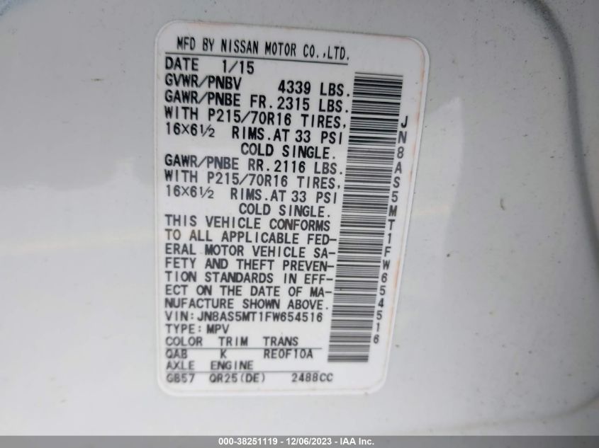 2015 NISSAN ROGUE SELECT S - JN8AS5MT1FW654516