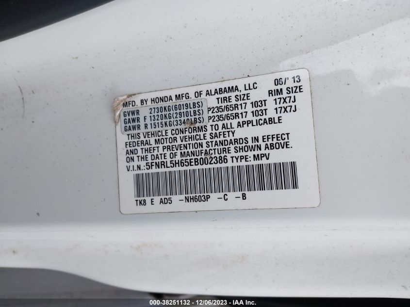 5FNRL5H65EB002386 2014 HONDA ODYSSEY, photo no. 9