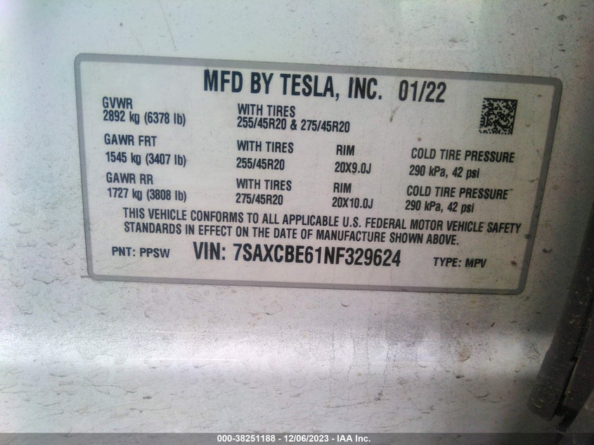 VIN 7SAXCBE61NF329624 2022 TESLA MODEL X