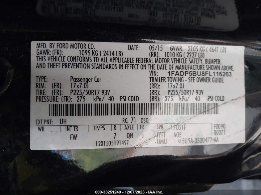 2015 FORD C MAX LE 1FADP5BA8FL116263