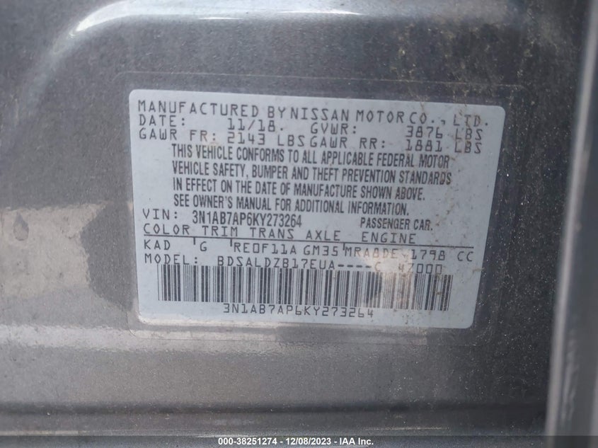 VIN 3N1AB7AP6KY273264 2019 NISSAN SENTRA SV