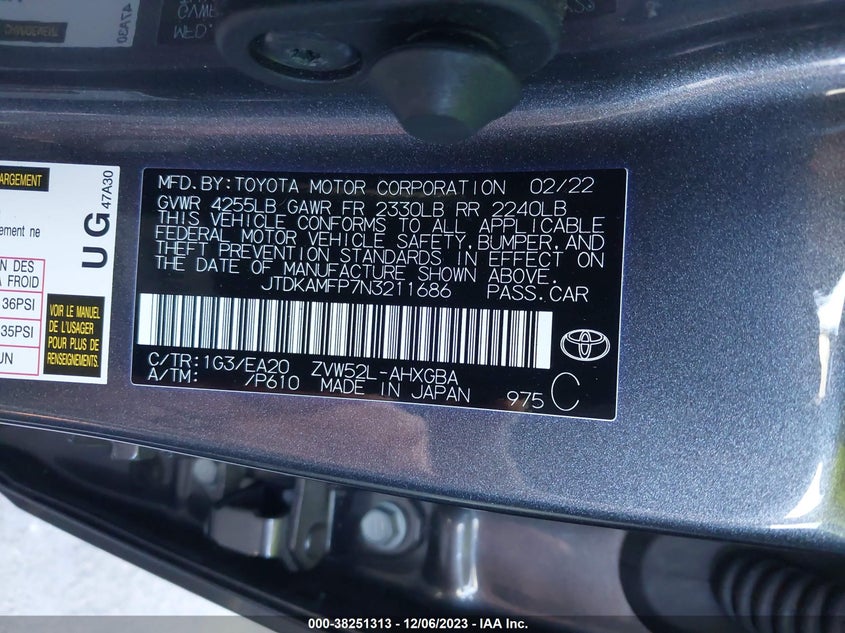 VIN JTDKAMFP7N3211686 2022 TOYOTA PRIUS PRIME LE/XLE/LIMITED