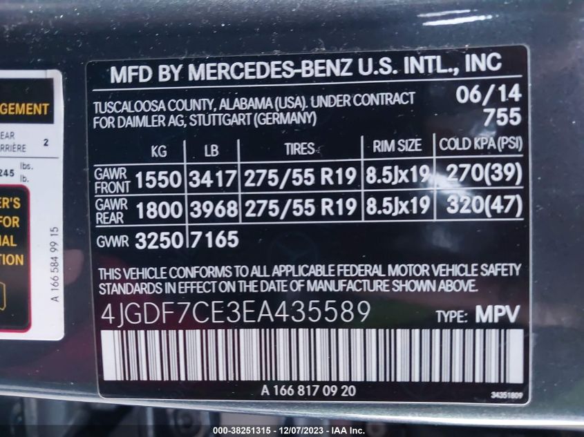 2014 MERCEDES-BENZ GL 450 4JGDF7CE3EA435589