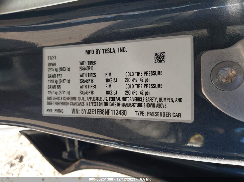2022 TESLA MODEL 3 U   U(VIN: 5YJ3E1EB8NF113430