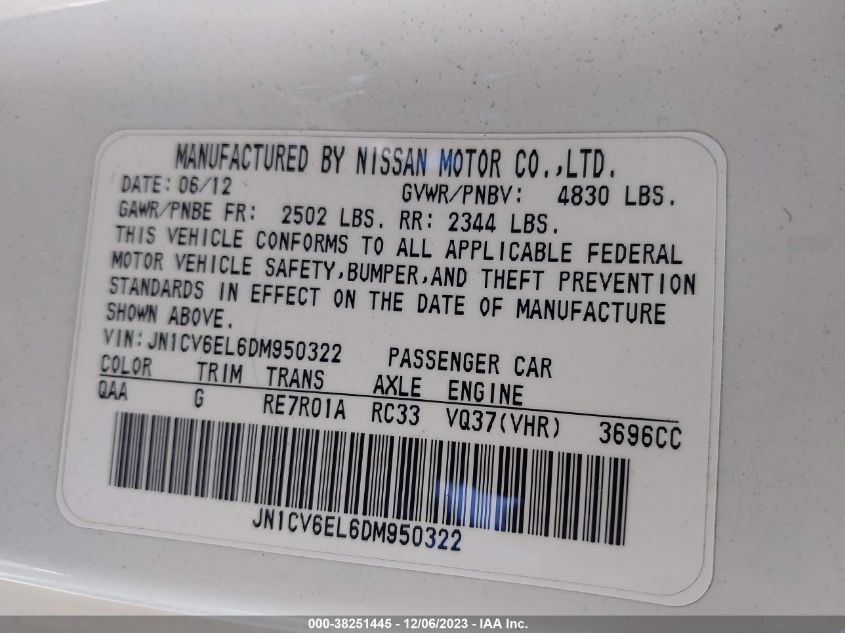 2013 INFINITI G37X - JN1CV6EL6DM950322
