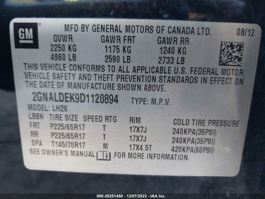 2013 CHEVROLET EQUINOX LT - 2GNALDEK9D1120894