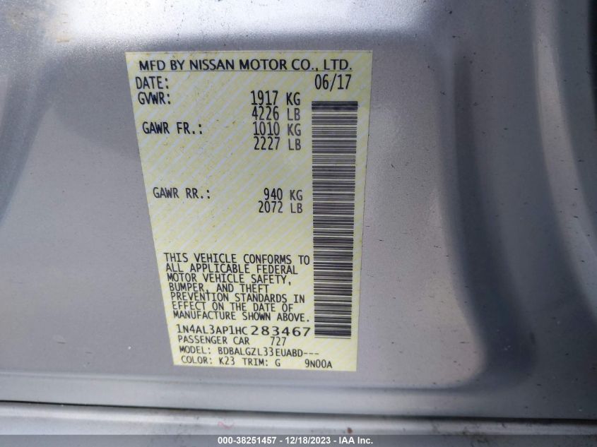 2017 NISSAN ALTIMA 2.5/S/SV/SL/SR - 1N4AL3AP1HC283467