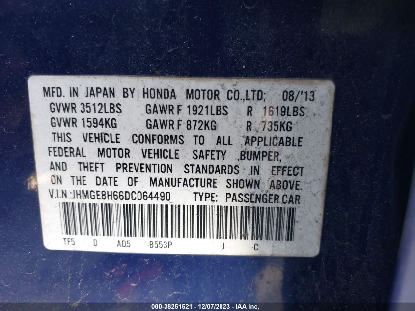 2013 HONDA FIT SPORT - JHMGE8H66DC064490